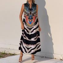 New retro exotic stand-up collar sleeveless zebra pattern dress S juoda