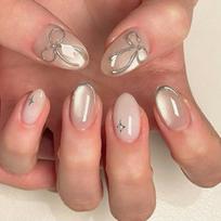 Press on Nail Short Almond Fake Nail with Bows Designs Glitters Cats Eye Glues on Nail Glossy False Nail Artificial Nail 1
