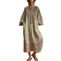 Yousheng Women's Casual Boho Maxi Dress, Bohemian Embroidered Print Summer Long Dress, 3/4 Sleeve V Neck Flowy Vacation Outfits with Pockets S šviesiai žalios spalvos