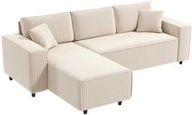 HOMCOM 3-vietė L formos kampinė sofa su keičiamu gultu, 2 pagalvėmis, spyruokliniu pamušalu, kordiniu apmušalu, svetainės baldų komplektas svetainei, miegamajam, 241x153x83 cm kreminės baltos spalvos
