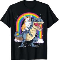 Corgi Riding Dinosaur T-rex Boys Girls Space Galaxy Rainbow T-Shirt 4XL