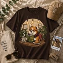Corgi Reading Book T-Shirt, Cozy Dog Lover Graphic Tee, Unisex Shirt S