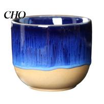 Stemless Coffee Cup Handmade Handleless Ceramic Mug for Hot Cold Drinks 150ml Rustic Stoneware Latte Tea Easy to Clean Unique Gift Lovers Green tamsiai mėlyna spalva