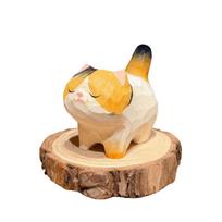 1Pcs Calico Cat Animal Figurines Handcraved Wooden Statue Desk Home Office Decor Gift For Cat Lovers