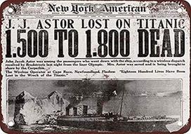 Titanic Disaster Front Page Vintage Look Reproduction Metal Tin Sign esAluminum 20x30cm（7.8x11.8inch）