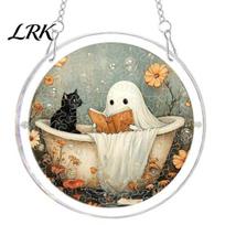 Durable Acrylic Halloween Suncatcher Jigsaw Puzzle Set, Spooky Ghost Floral Meadow Window Hanging Ornament with Metal Decoration Frame & Chain, A