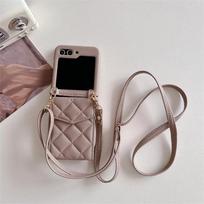 Crossbody Mirror Wallet with Card Holder Phone Case for Samsung Galaxy Z Flip 6 5 4 3 Flip6 Flip5 Flip4 Flip3 5G Leather Cover For Galaxy Z Flip5 chaki