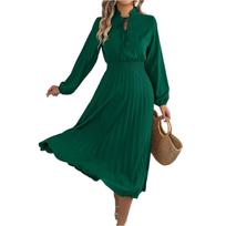 Women's Fashionable Casual Loose-Fit Tie-Waist Bell-Sleeve Pleated Dress L žalia