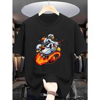 European Size Men's Short-Sleeve T-Shirt with Astronaut Motorcycle Flames &Planets Print-Comfortable Round Neck Casual Shirt Suitable for Summer Beach S juoda
