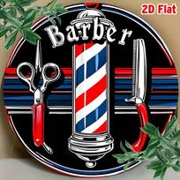 D Flat pc Vintage Barber Metal Wall Art Sign Retro Red White  Blue Striped Pole with Scissors  Comb DesignAluminum Round 20x20cm(8x8inch)
