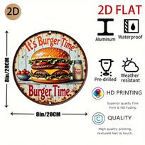 Retro Burger Tin Sign D Flat Round Metal Wall Decor for Kitchen Restaurant 20x20cm(8x8inch)