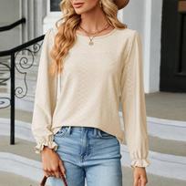 Women's Fashionable Color Loose Round Neck Long Sleeved Pullover T-shirt Top L smėlis