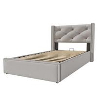 Family Bed Hydraulic Single Upholstered 90x200cm, with Slatted Frame, Modern Frame Storage Space, Gray šviesiai pilka spalva