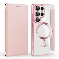 Prabangus atverčiamas odinis kortelių segtukas, magnetinis telefono dėklas, skirtas „Samsung S25 S24 S23 Ultra Fe S22 Plus A55 A35 A15“, atsparus smūgiams, dengimo rėmelis, skaidrus piniginės dėklas Samsung S24 FE rožinė