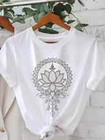 European Size for Lotus Mandala and  Blossoming Heart  Print Short Sleeve Crew Neck Casual T-Shirt S balta