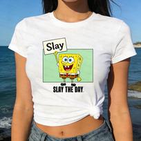 Y2K Aesthetic SpongeBob SquarePants Graphic Women Tees for Women Trendy BFF Matching Tops Soft Cotton Summer Casual TShirts S