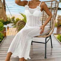 Women's Beach Long Dress Machine-woven Openwork Sexy Fitted One-piece Dress with Hand-knitted Floral Patchwork and Detachable Straps S balta