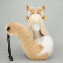 Rankų darbo Kitsune lapės ausų lankelis ir uodegos rinkinys - Purūs dirbtinio kailio gyvūnų Cosplay rekvizitai Anime, Helovino kostiumų aksesuarams ear and tail beige