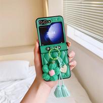 Leather FLower Ring Phone Case for Samsung Galaxy Z Flip 7 6 5 4 3 Flip7 Flip6 Flip5 Flip4 Flip3 5G Shockproof Protection Cover For Galaxy Z Flip7 žalia