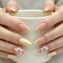 24PCS Nude Pink Almond False Nails Simple Black Polka Dots French with Sweet 3D White Flowers Press on Nails Full Cover Wearable