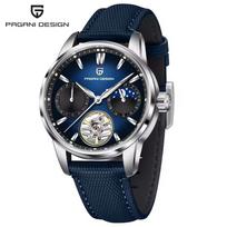 PAGANI DESIGN tuščiaviduris vyriškas mechaninis laikrodis prabangus chronografas vyriškas laikrodis atsparus vandeniui 100M odinis apyrankė naktinis mėnulis laikrodis 021 PAGANI DESIGN YS021 sidabras