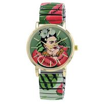 Montre bracelet femme - RAPTOR - Frida Kahlo Edition - Boîtier 36 mm doré - Bracelet élastique acier multicolore - Quartz Miyota gryna