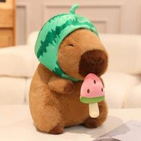 Eating Watermelon Capybara Plush Toys Detachable Watermelon Hat Animal Doll Soft Chubby Cartoon Capybala Doll Lovely Home Decor 25cm balta