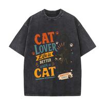 Retro Cat Lover Paw Badge Daily Commute Vintage Distressed T Shirt Loose Washed Sleeve M