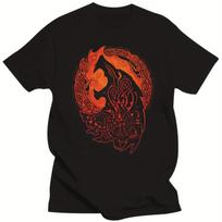 Men Cotton T-Shirt Fenrir Wolf Print Casual Streetwear Tee with Intricate Orange Black Design Short Sleeve Men Clothing S brown