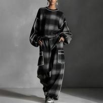 Women's Casual Plaid 2 Piece Set Pantsuit Set L juoda