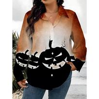 Women's Long Sleeve Shirt, Halloween Style Printed Shirt, Pumpkin Head Element Shirt, Dark Style Casual Shirt, Soft, Comfortable S