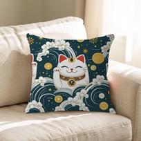 Maneki Neko Lucky Money Cat Pillow Gift Home Office Decoration Pillow Bedroom Sofa Car Cushion Coverpillow Case Peach skin 18*18(CM)-1Pcs