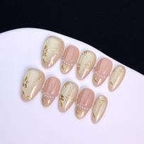 Diverse A-type press-on nails featuring gold foil, pearls, and Ukiyo-e floral patterns; handcrafted, exquisite, and elegant design. Extra Small