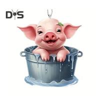 Juokingas kiaulės automobilio pakabukas Akrilinė kiaulė kibire Ornamentai 2D plokščios pakabinamos dekoracijos Automobilio galinio vaizdo veidrodėlio priedai Pig