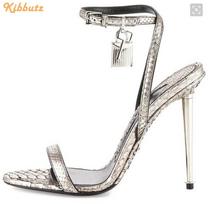 Madingi metalinio kulno užraktu čiurnos dirželio sandalai su apvaliu priekiu slingback vieno dirželio aukštakulniai stiletto kulnas moteriški madingi sandalai spyna 35
