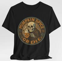 Pumpkin Spice or Die Halloween Coffee T-Shirt Funny Skeleton Latte Tee L