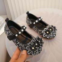 Girls' Dreamy Rhinestone Bow Loafers with Pearl Velcro 21/13.5cm juoda
