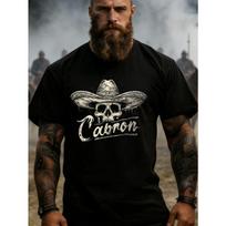 European Size Black T-Shirt with Skull And Sombrero Print Cabron Text for Outdoor Adventure Style, Plus Size S juoda