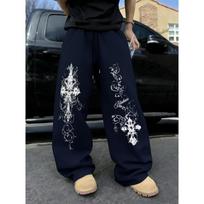 Casual Straight Leg Pants Retro Cross Pattern Printed Pants Men's Streetwear Style Daily Wear Sports Pants Hip Hop Style Sports Pants S