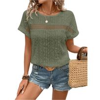 Women's Fashionable Casual Lace Hollow-out Round Neck Short-sleeved Top L armijos žalia spalva