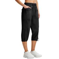 Women Elastic High Waist 3/4 Pant Casual Fit Wide Capris Leg Pants Trousers With Pockets L juoda