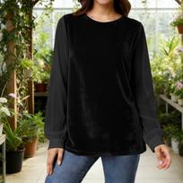Women Long Sleeve Velvet Tops Crewneck Casual Loose Velour Blouses L juoda
