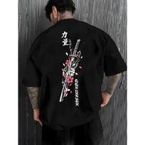European Size Men's Black Graphic Tee with Katana Print - Soft, Breathable Summer Crew Neck Short Sleeve Top, Lightweight and Fun S juoda