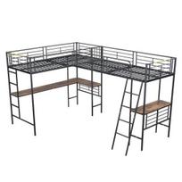 Bunk Cot 90x200cm Bed, Two Beds, Table Under The Metal Bed Ladder, Fall Protection Grilles, Double Staircase, High Railing, Black Loft juoda