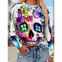Women's Gothic Skull Butterfly print Long Sleeve T-Shirt Pattern Casual Blouse, Machine Washable Polyester Top S