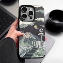 Kalnų rašto matinis plonas telefono dėklas iPhone 16 Pro Max 15 Pro 14 13 12 11 odos tekstūros smūgiams atsparus TPU minkštas rėmelio dangtelis iPhone 16 juoda