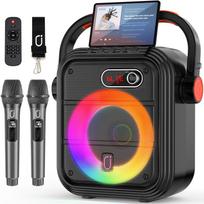 Karaoke Machine with 2 Wireless Microphones, RGB Light PA System with Treble/Bass, Bluetooth Speaker Supports Live Broadcast/Monitoring/Sound Effects