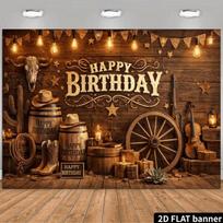 2D Happy Birthday Western Cowboy Backdrop Wooden Background 47.2x31.5inch/120*80cm