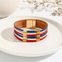 PU Leather Women Bangle with Circle Chain Detail, Blue White Red Wave Geometric Print Wrist Jewelry for Girls Daily Summer Vacation Outfit