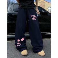 Pink Cherry Blossom English Printed Pants Japanese Healing Aesthetics Sports and Leisure Pants Men's Wide Leg Pants S